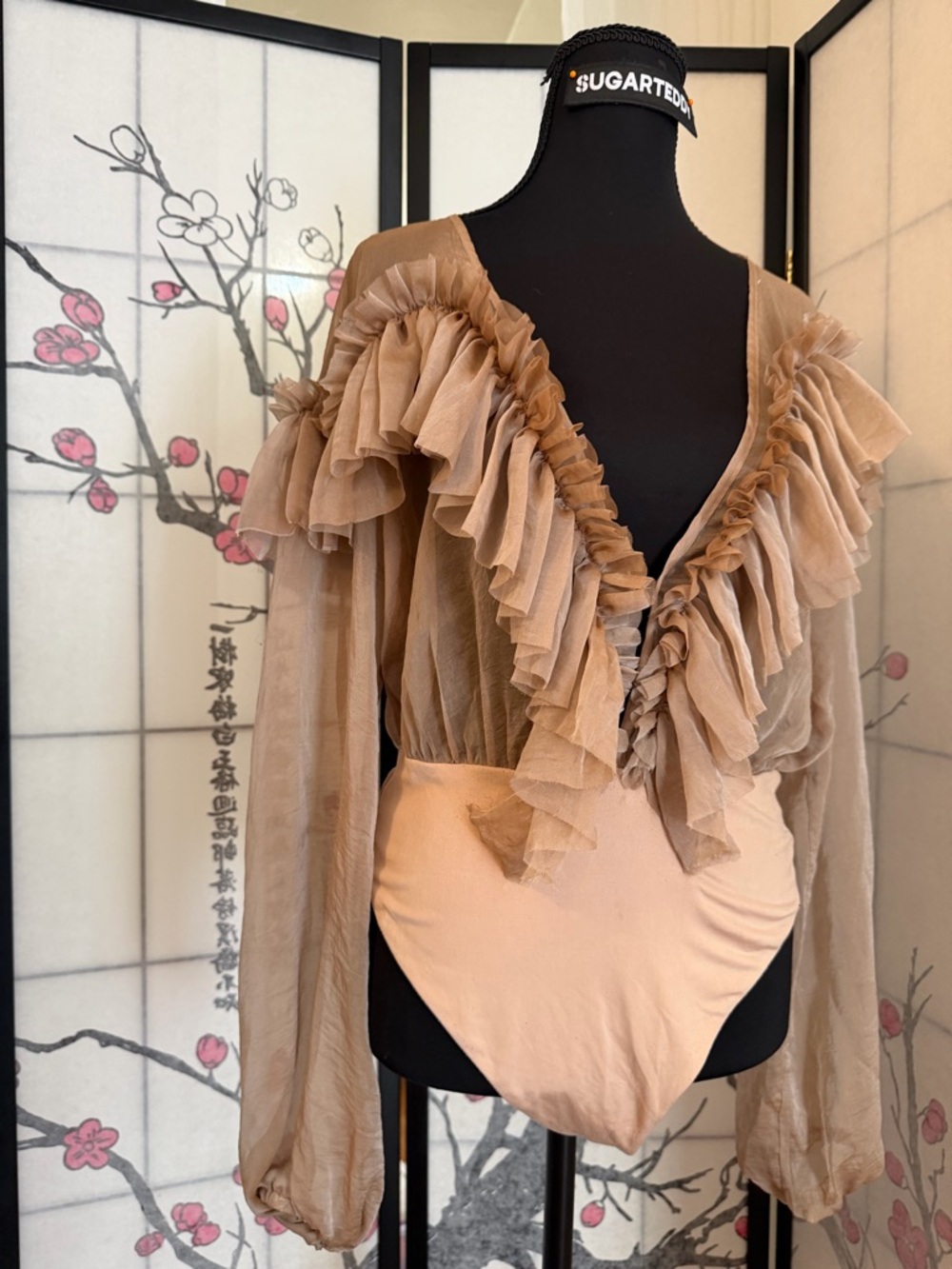 House of CB Taupe Ruffled Sheer V-Neck Bodysuit
